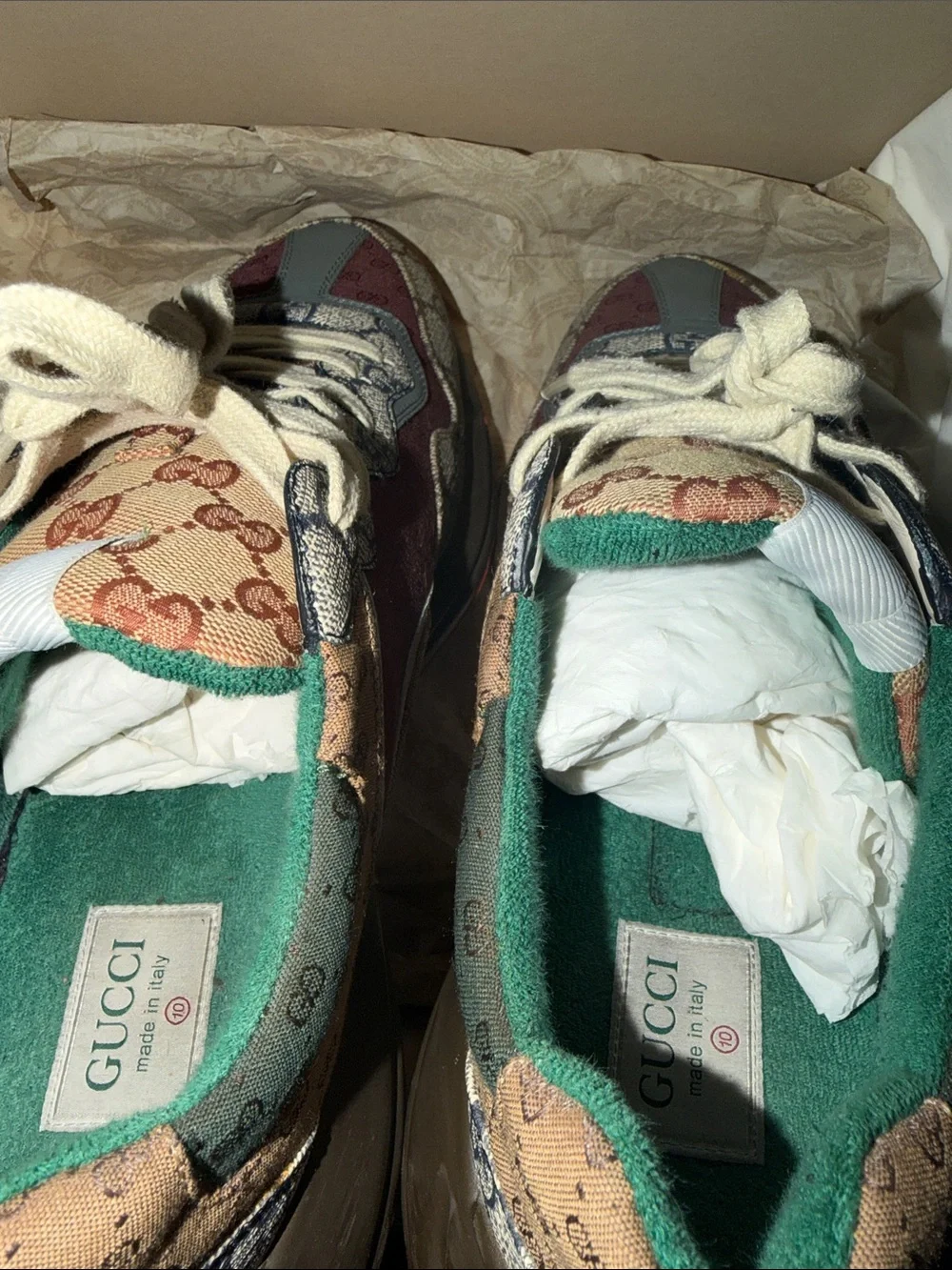 Gucci Beige GG Canvas Sneakers with Red, Blue and Green Accents